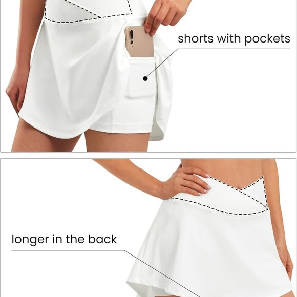 White Women's Pleated Tennis Skirt with Pockets, Cross Waist, Drop Back Hem, Bui - Picture 5 of 5